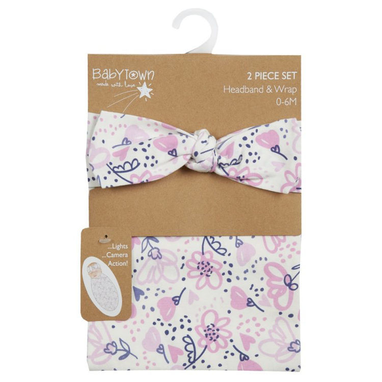 Picture of 19C222: -7468-BABY GIRLS FLORAL HEADBAND & SWADDLE WRAP SET